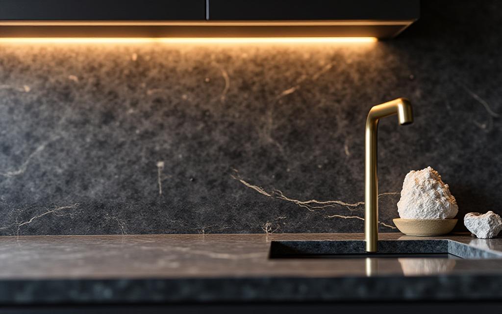 Detail countertop dapur menggunakan batu alam terpilih