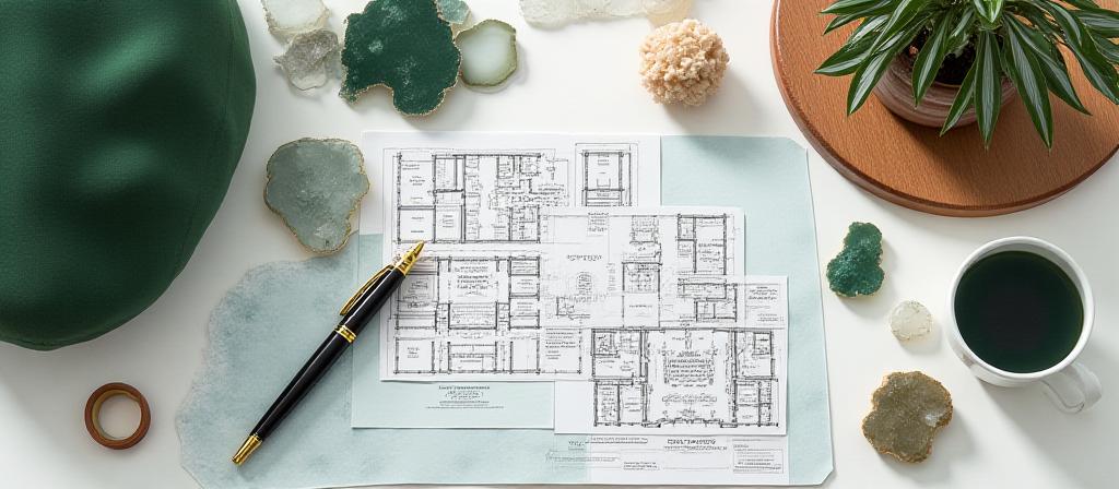 Meja kerja desainer interior dengan material batuan mineral